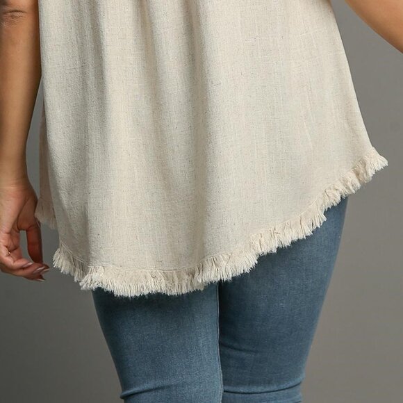 Embroidered Sleeves Linen Cotton Blend Round Neck w/ Frayed High Low Hem - Picture 7 of 14